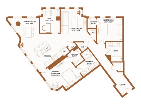 A floor plan of a house with a kitchen, living room, dining room, two bedrooms, a bathroom, and a spacious closet.